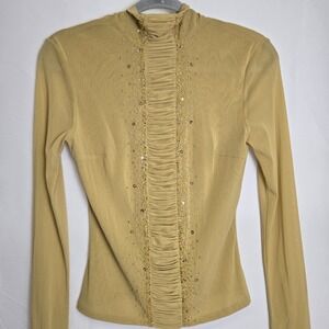 Anmani y2k Sheer Embellished Long Sleeve Top, Sequins/Beads, Tan, Women's Size 6